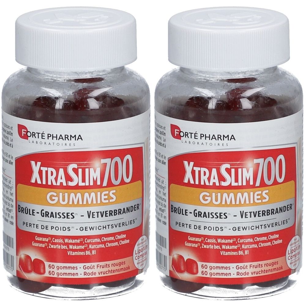 Deux flacons de Forté Pharma XtraSlim 700 Gummies. Flacons transparents avec bouchons blancs. Étiquettes rouges avec nom et ingrédients.
