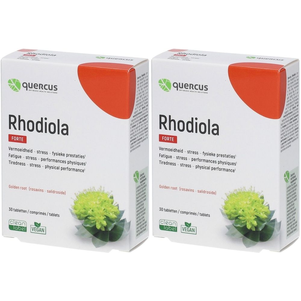 Deux boîtes de QUERCUS Rhodiola Forte. Emballage blanc avec accent rouge. Logo vert et nom du produit. 10 comprimés.