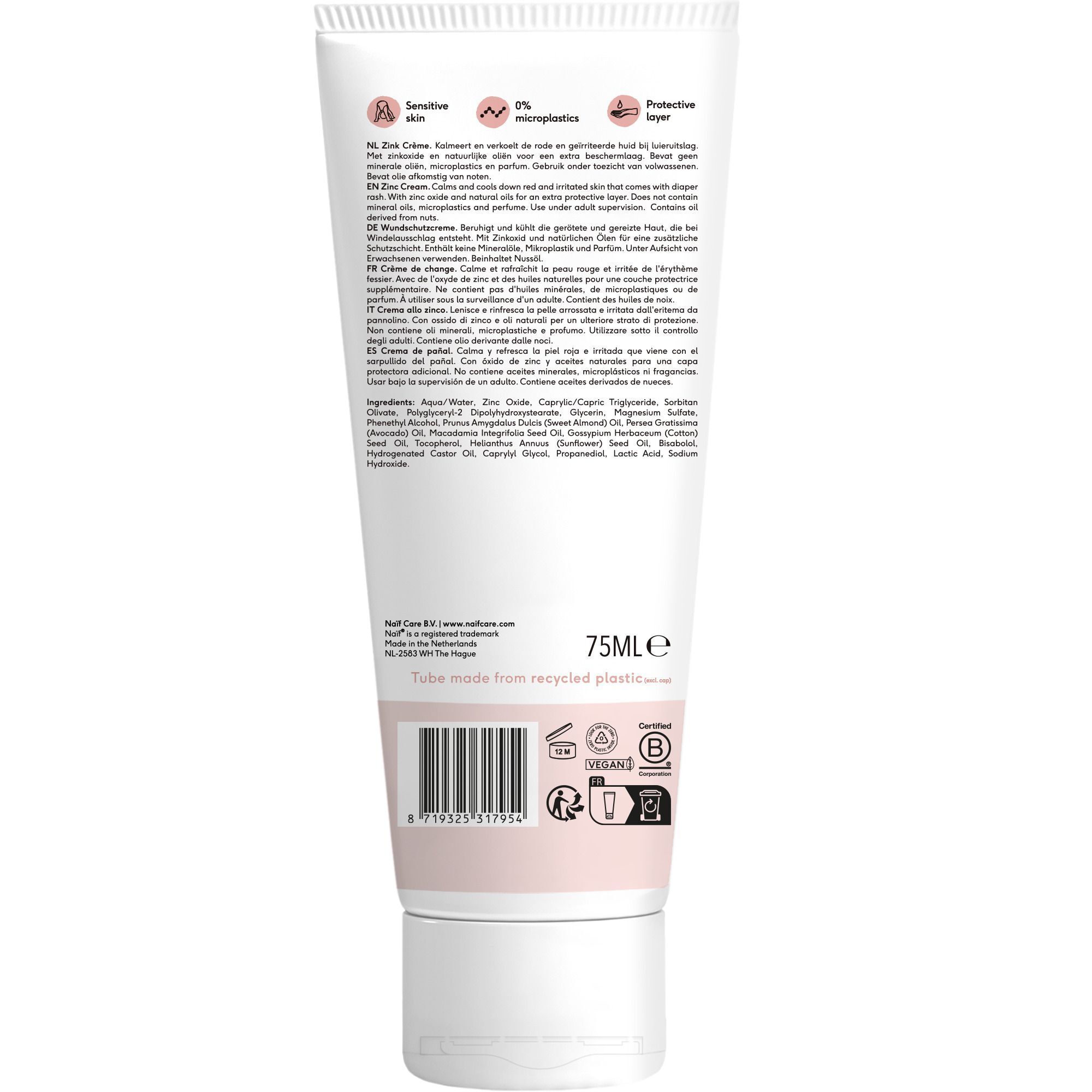 Arrière d'un tube de crème au zinc NAÏF avec informations produit et certifications.