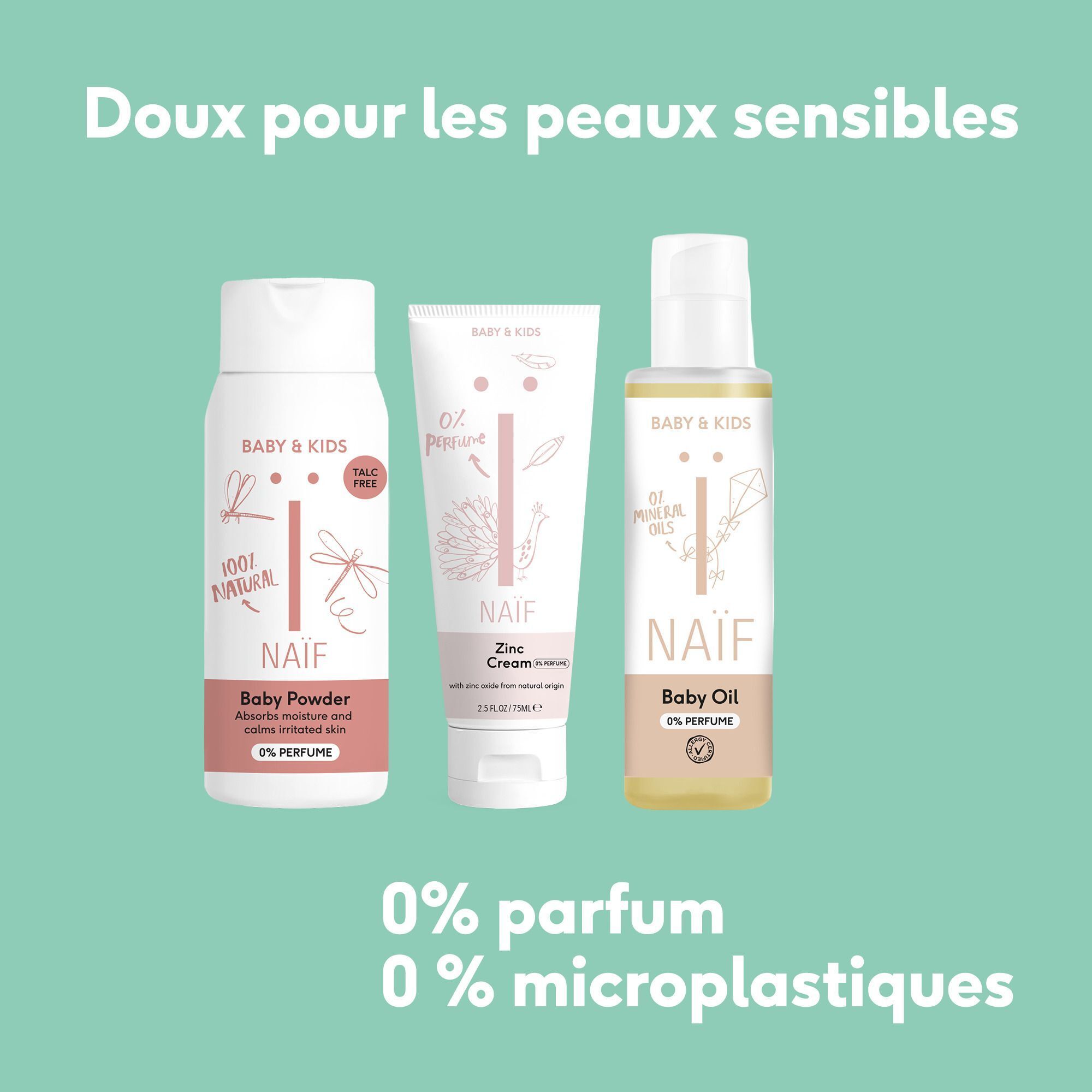 Trois produits NAÏF : talc pour bébé, crème au zinc et huile pour bébé, 0% parfum, 0% microplastique.