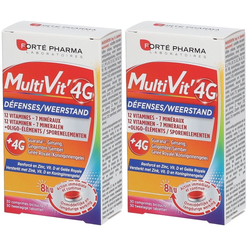 Deux boîtes de MultiVit'4G Défenses. Inscription : 12 vitamines, 7 minéraux, +oligo-éléments. Marque : Forté Pharma. 30 comprimés.