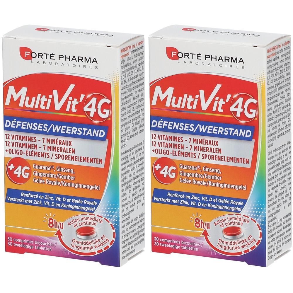 Deux boîtes de MultiVit'4G Défenses. Inscription : 12 vitamines, 7 minéraux, +oligo-éléments. Marque : Forté Pharma. 30 comprimés.