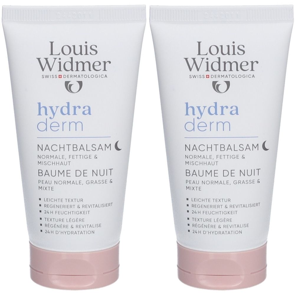 Deux tubes de Baume de nuit. Blancs, avec bouchon rose. Texte: Louis Widmer, hydra derm, Nachtbalsam, Baume de Nuit.