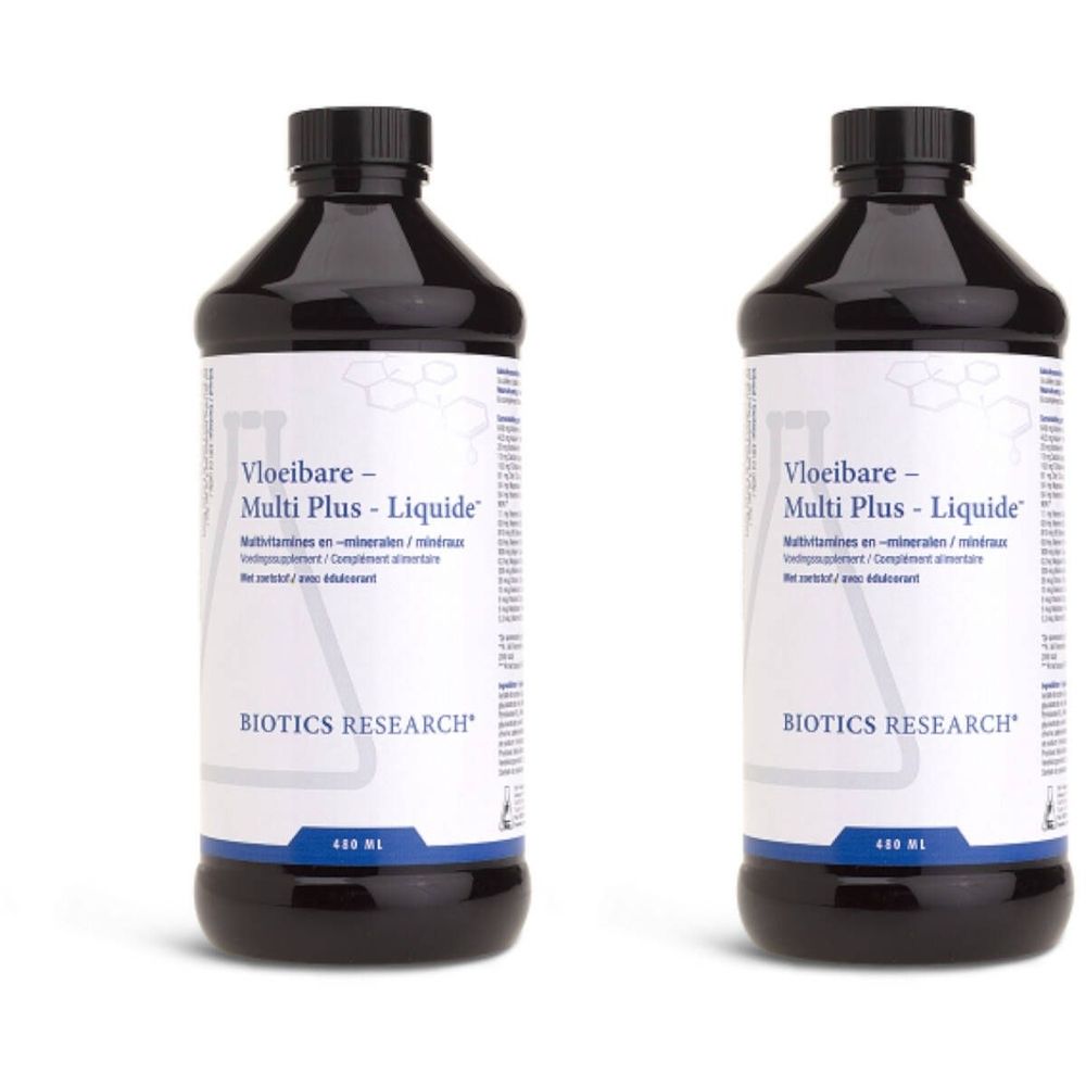 Deux flacons noirs avec étiquettes blanches. Inscription: Multi Plus Liquide, BIOTICS RESEARCH. Contenance 480 ml.