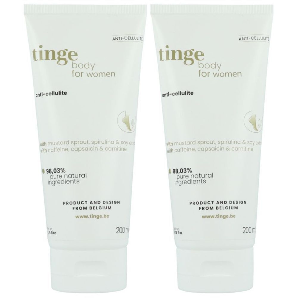 Deux tubes de crème. Inscription: Tinge body for women, anti-cellulite. Avec ingrédients. 98,03% ingrédients naturels purs. Produit de Belgique.