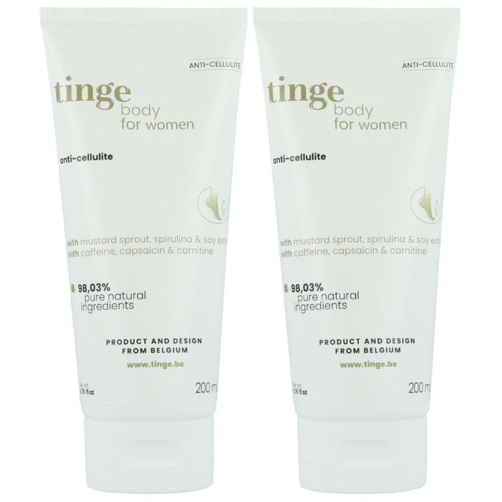 Deux tubes de crème. Inscription: Tinge body for women, anti-cellulite. Avec ingrédients. 98,03% ingrédients naturels purs. Produit de Belgique.