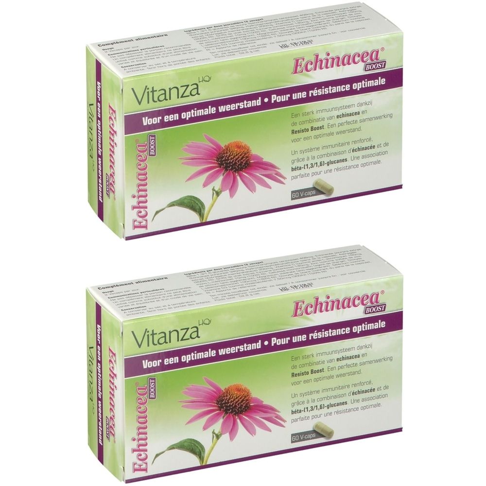Deux boîtes de Vitanza HQ Echinacea® Boost. Design vert et blanc avec nom du produit et image de fleur. 20 comprimés.