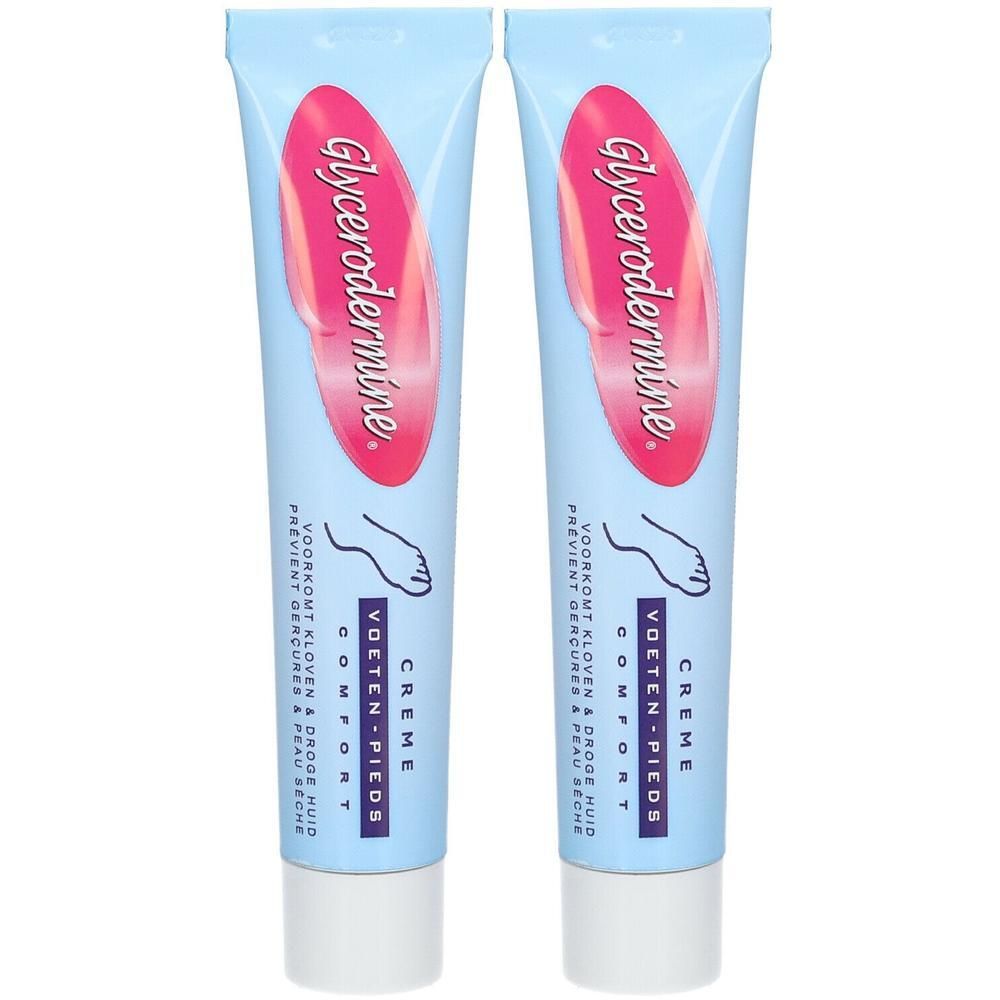 Deux tubes de crème bleus avec logo rouge et texte. Bouchon blanc. Texte: Crème, Comfort, Voeten-Pieds.