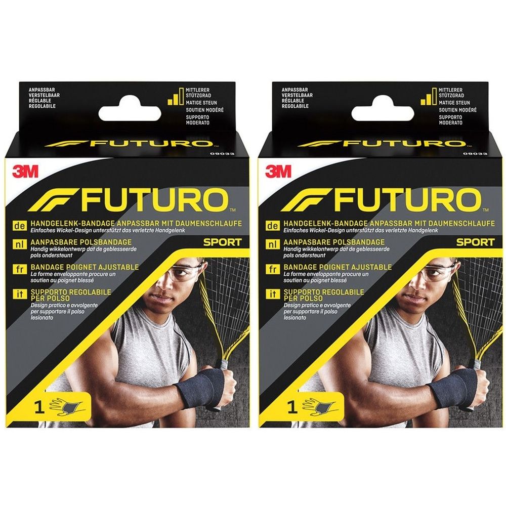 Deux bandages de poignet Futuro Sport en emballage. Bandage noir avec boucle pour le pouce. Logo 3M et nom du produit visibles.