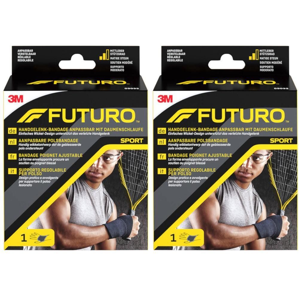 Deux bandages de poignet Futuro Sport en emballage. Bandage noir avec boucle pour le pouce. Logo 3M et nom du produit visibles.