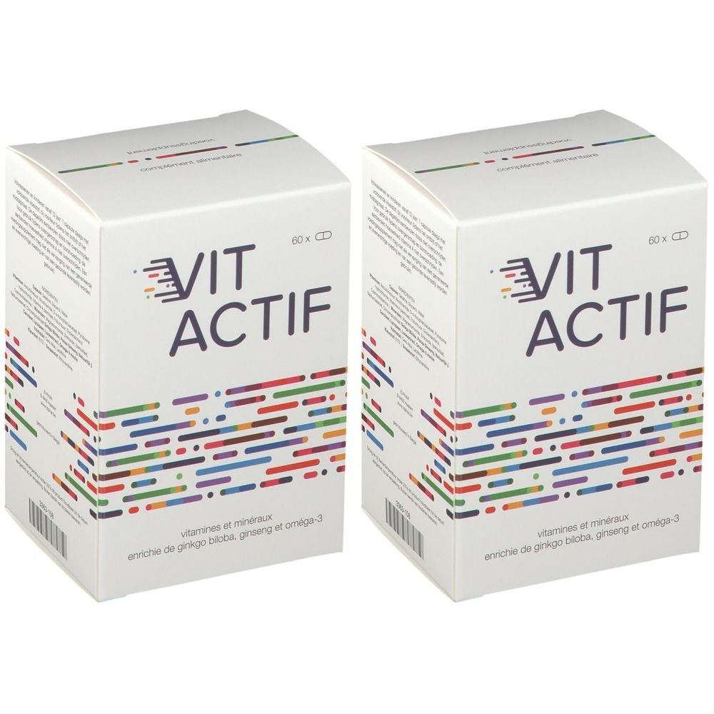 Deux boîtes blanches VIT ACTIF. Inscriptions : Vitamines et minéraux, enrichie de ginkgo biloba, growing et oméga-3.