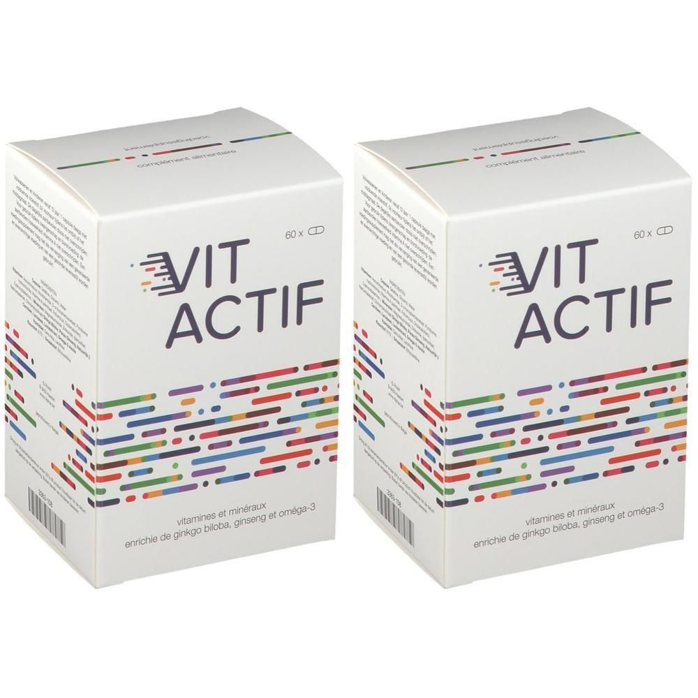 Deux boîtes blanches VIT ACTIF. Inscriptions : Vitamines et minéraux, enrichie de ginkgo biloba, growing et oméga-3.