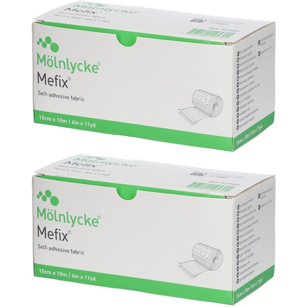 Deux boîtes de Mefix, tissu auto-adhésif. Inscription : 15cm x 10m. Emballage vert et blanc avec illustration.