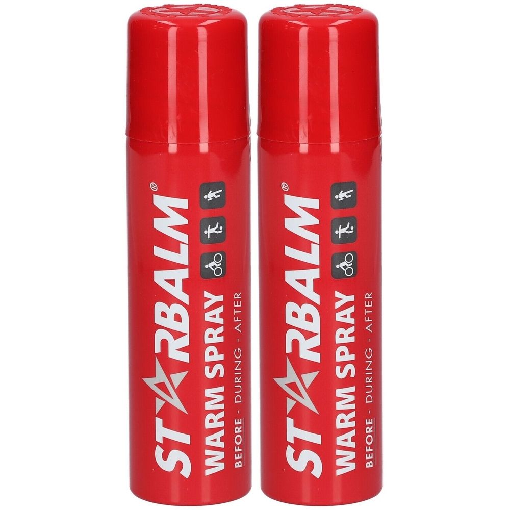 Deux sprays rouges avec logo STARBALM blanc. Symboles sportifs. Inscription: Warm Spray.
