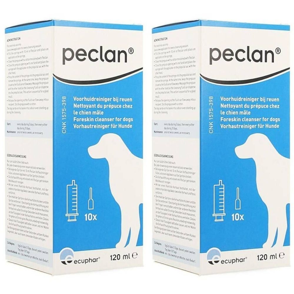 Deux boîtes de peclan®. Emballage bleu et blanc avec nom du produit, silhouette de chien et informations. 10 seringues, 120 ml.