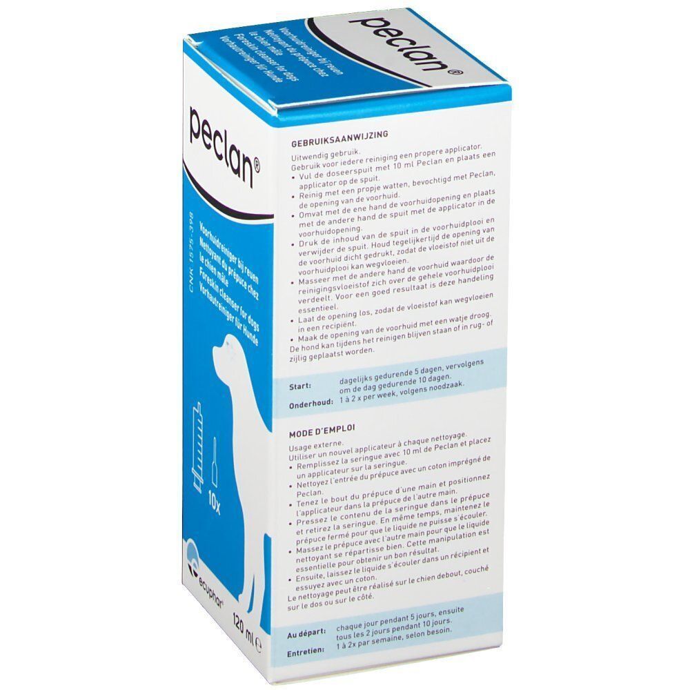 Emballage peclan®. Boîte bleue et blanche avec nom du produit et mode d'emploi. Contient une silhouette de chien et du texte.