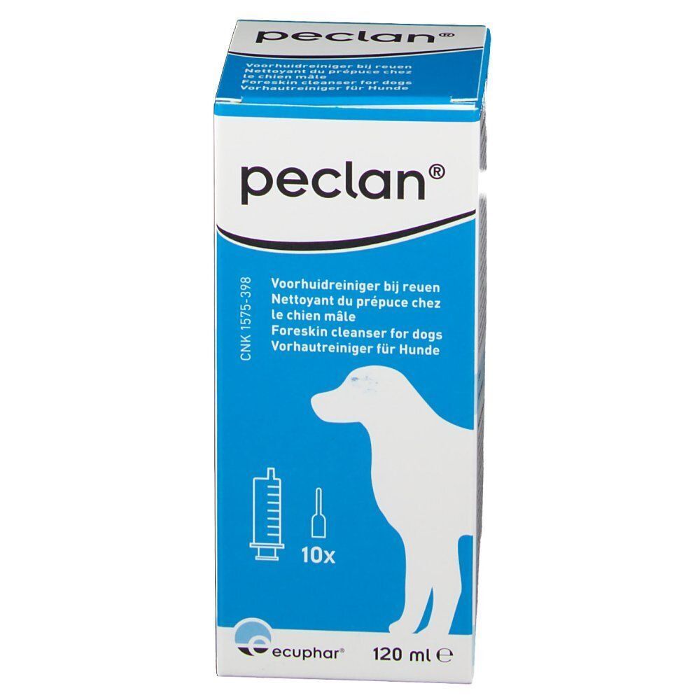 Emballage peclan®. Boîte bleue et blanche avec nom du produit, silhouette de chien et informations. 10 seringues, 120 ml.