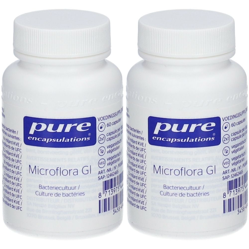Deux flacons blancs avec étiquettes bleues. Inscription : Pure Encapsulations Microflora GI. 60 capsules.
