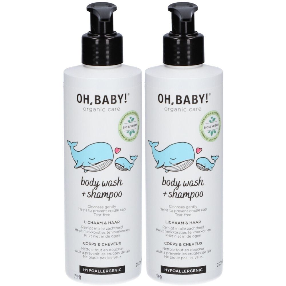 Deux flacons blancs de gel douche et shampooing "Oh Baby!" avec pompes noires. Imprimé: baleines, texte en allemand, français, néerlandais.