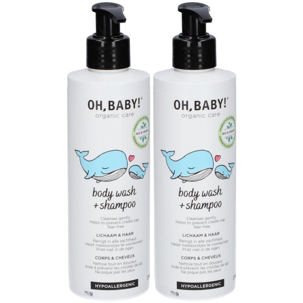 Deux flacons blancs de gel douche et shampooing "Oh Baby!" avec pompes noires. Imprimé: baleines, texte en allemand, français, néerlandais.