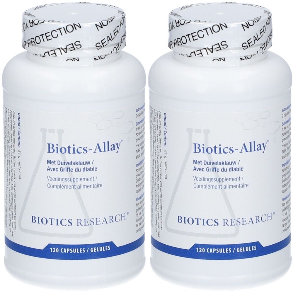 Deux flacons blancs avec étiquettes. Inscription: Biotics-Allay, 120 capsules. Marque: BIOTICS RESEARCH®.