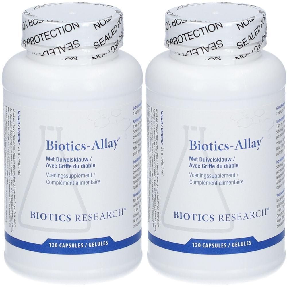 Deux flacons blancs avec étiquettes. Inscription: Biotics-Allay, 120 capsules. Marque: BIOTICS RESEARCH®.