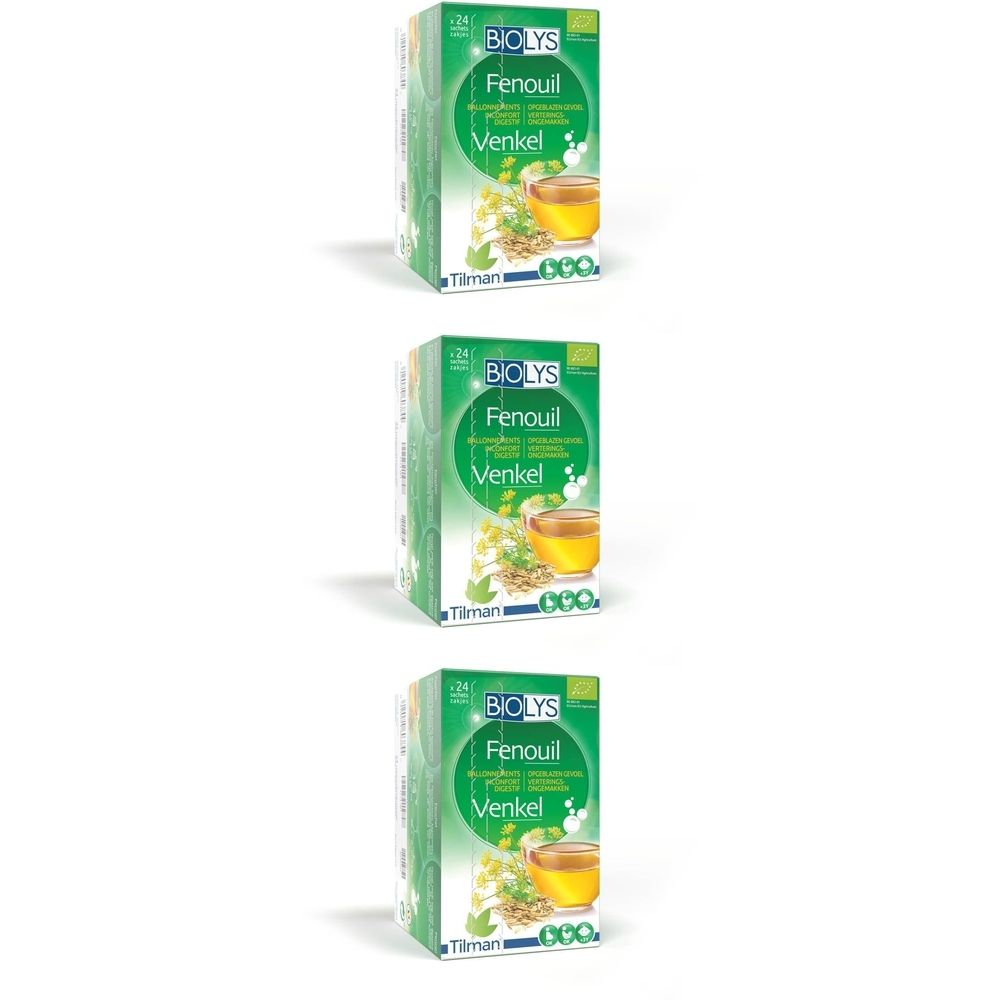 Trois boîtes vertes Biolys Fenouil. Inscription : Fenouil, Venkel, 24 sachets, label bio. Illustration d'une tasse de thé.