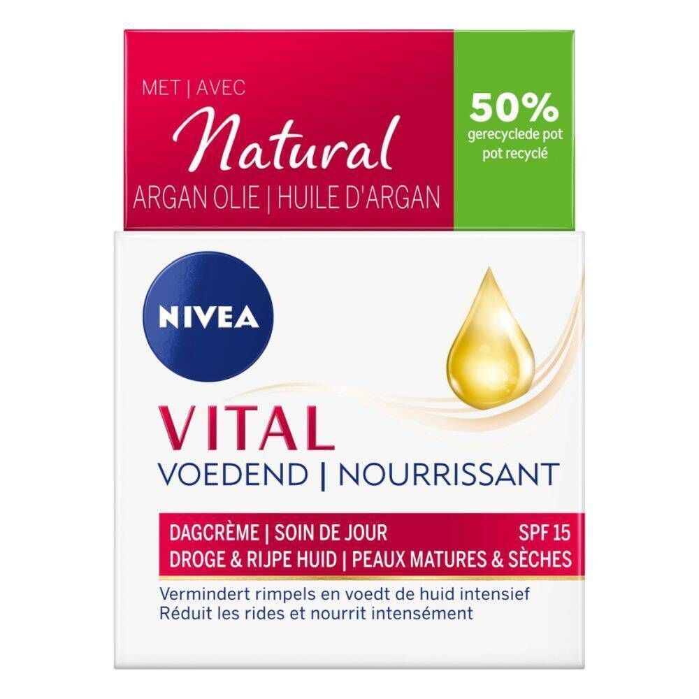 Emballage avec crème de jour NIVEA VITAL. Fond rouge et blanc. Inscription: Natural Argan Olie, SPF15.