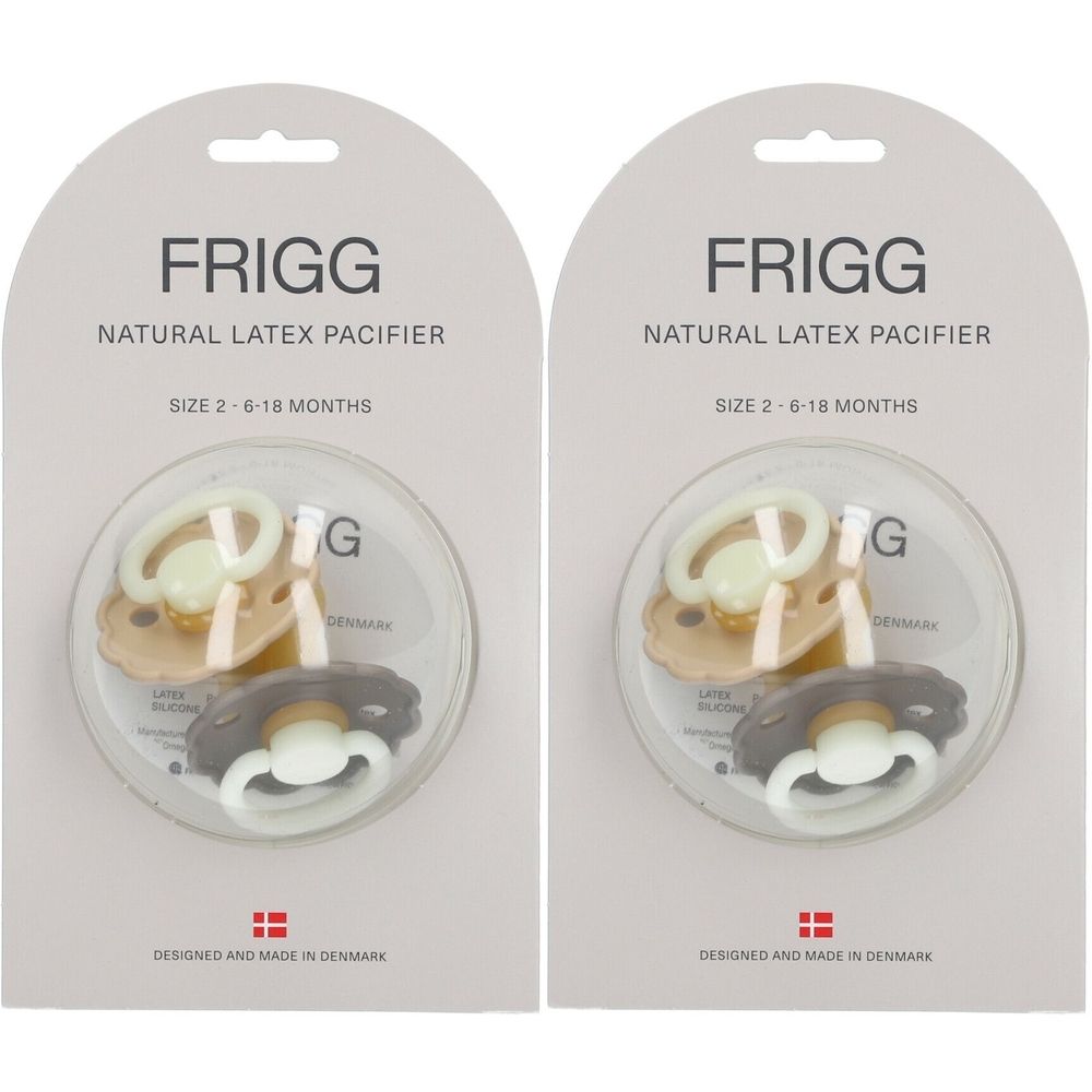 Deux paquets de sucettes FRIGG. Chaque paquet contient trois sucettes de couleurs différentes. Visible : Portobello, Croissant et Night.