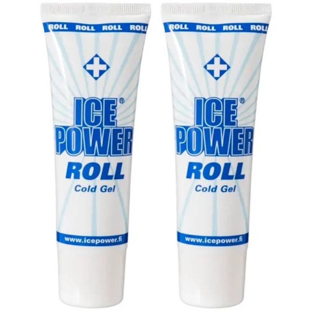 Deux tubes de gel froid Ice Power Roll. Tubes blancs avec texte et logo bleus. Inscription : Ice Power Roll Cold Gel.