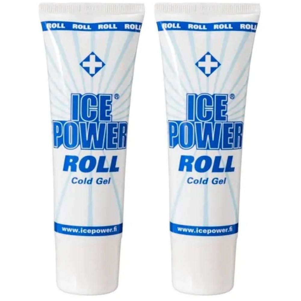 Deux tubes de gel froid Ice Power Roll. Tubes blancs avec texte et logo bleus. Inscription : Ice Power Roll Cold Gel.