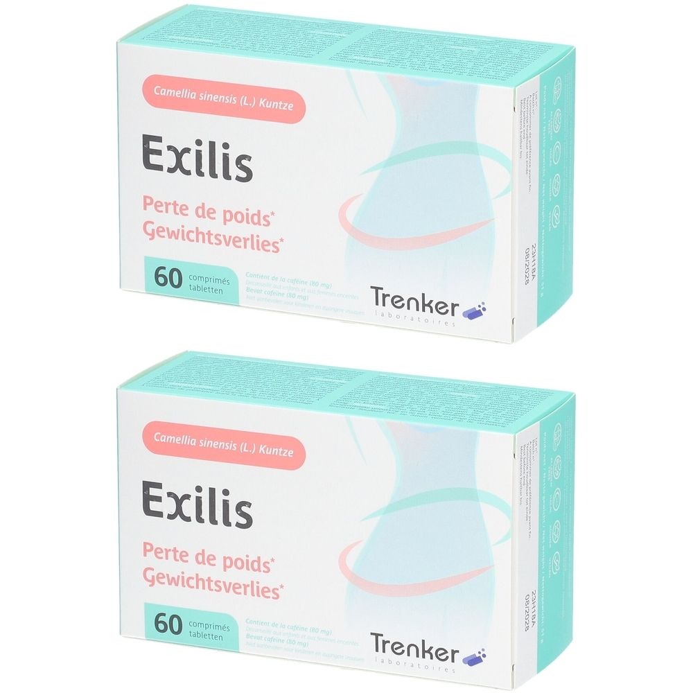 Deux boîtes Exilis. Inscription: Perte de poids, 60 comprimés. Marque Trenker. Silhouette dessinée.
