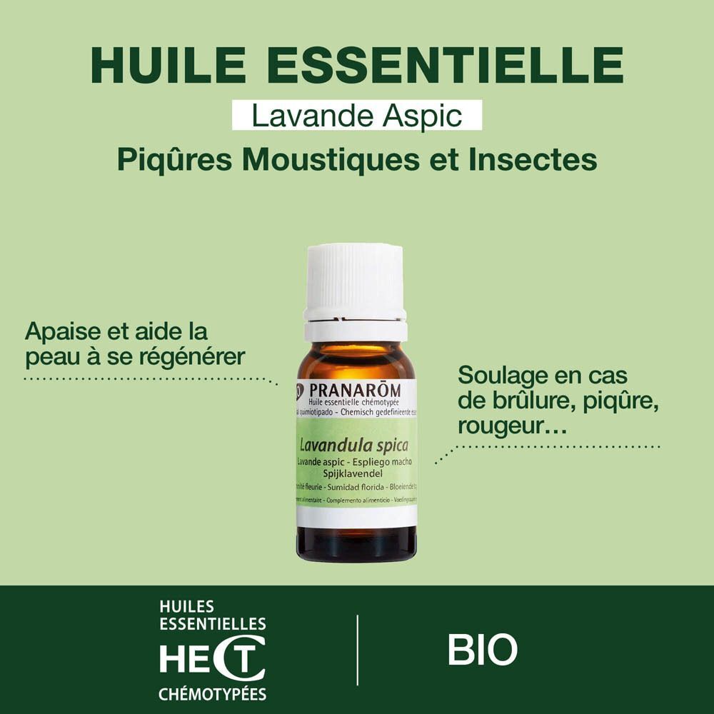 Un flacon Lavande Aspic. Texte : Huile Essentielle. Aide piqûres. Certification Bio.