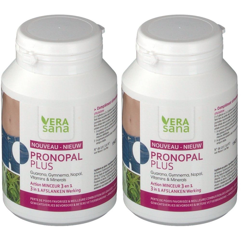 Deux flacons blancs avec étiquettes. Inscription: Vera Sana Pronopal Plus. Contient guarana, gymnema, nopal, vitamines et minéraux.