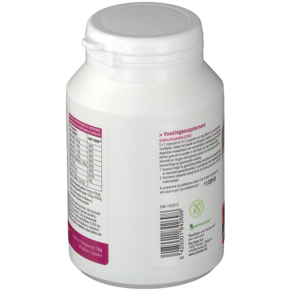 Flacon blanc avec étiquette. Inscription: Vera Sana Pronopal Plus. Contient des informations sur les ingrédients et l'analyse nutritionnelle.