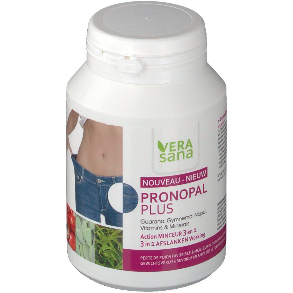 Flacon blanc avec étiquette. Inscription: Vera Sana Pronopal Plus. Contient guarana, gymnema, nopal, vitamines et minéraux.
