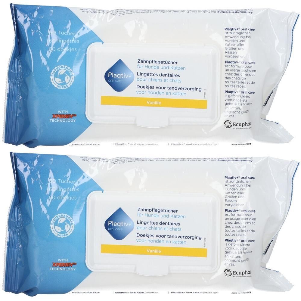 Deux paquets de Plaqtiv+ Oral Care Wipes. Emballage blanc avec logo et texte. Inscription : Lingettes dentaires pour chiens et chats.