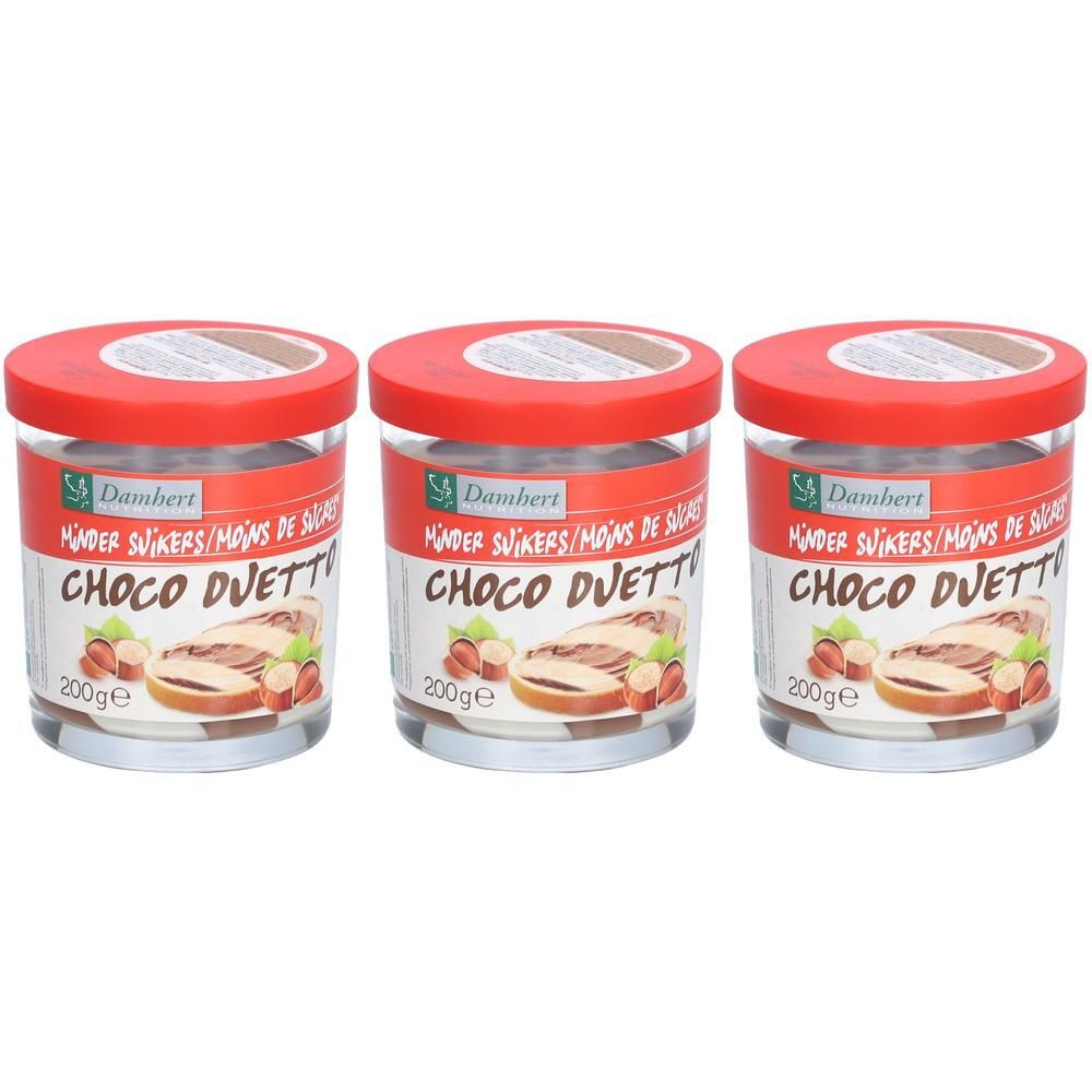 Trois pots de Damhert Choco Duetto. Couvercle rouge, pot en verre, étiquette avec image et texte. 200g.