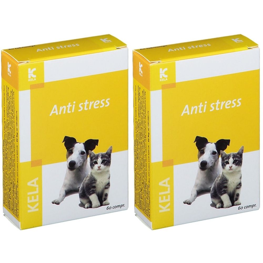 Deux boîtes de KELA Anti-Stress Comprimés. Emballage jaune avec chien et chat. Inscription: Anti stress, KELA.