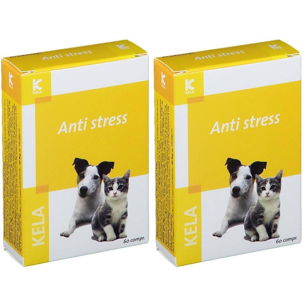 Deux boîtes de KELA Anti-Stress Comprimés. Emballage jaune avec chien et chat. Inscription: Anti stress, KELA.