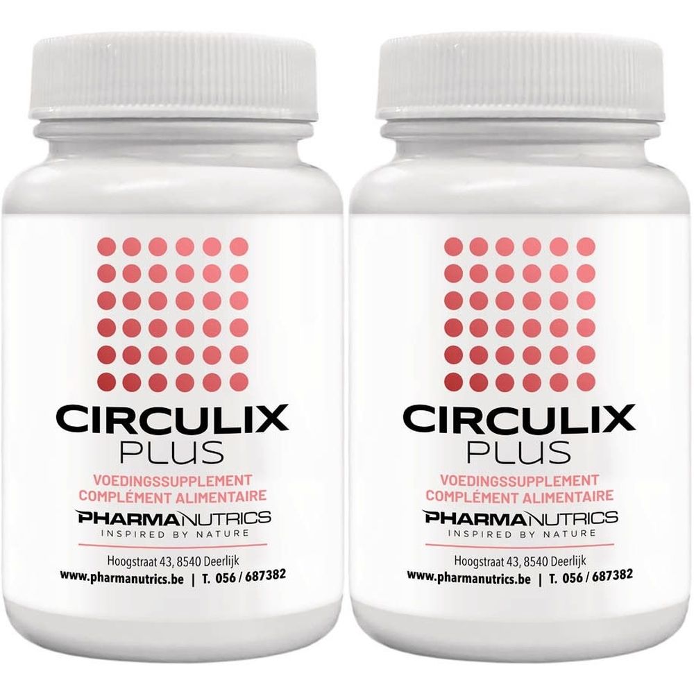 Deux flacons blancs avec l'inscription rouge Circulix Plus. Points rouges en haut. Logo PharmaNutrics.