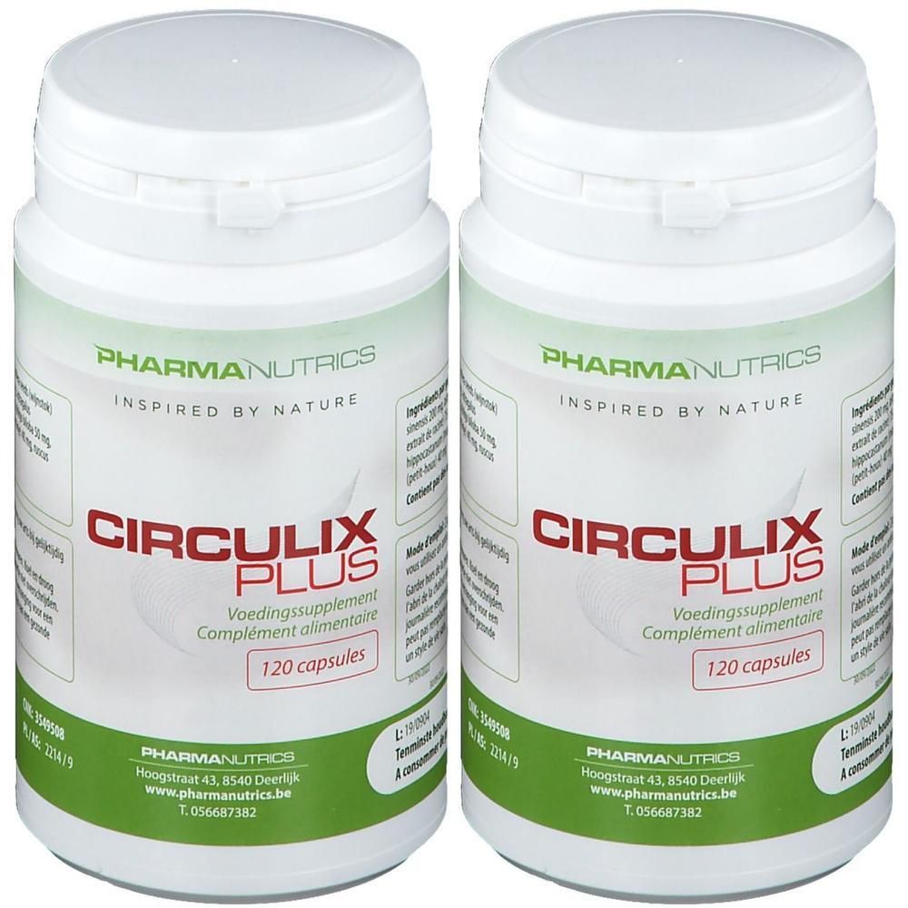 Deux flacons blancs avec l'inscription rouge Circulix Plus. Contient 120 capsules. Logo PharmaNutrics.