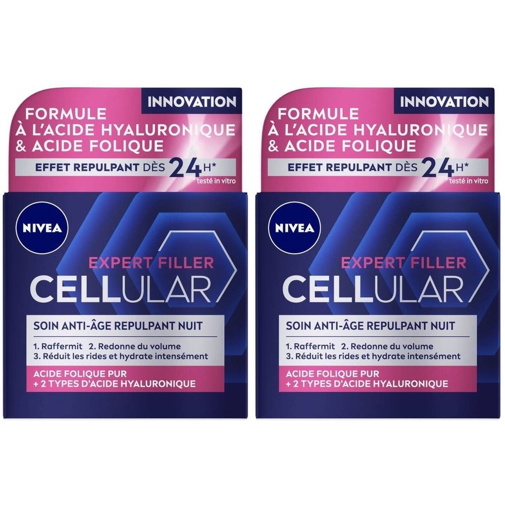 Deux boîtes de crème de nuit NIVEA Cellular Filler. Emballage rose et bleu. Texte : Expert Filler, Soin Anti-Âge Repulpant Nuit, Acide Hyaluronique.