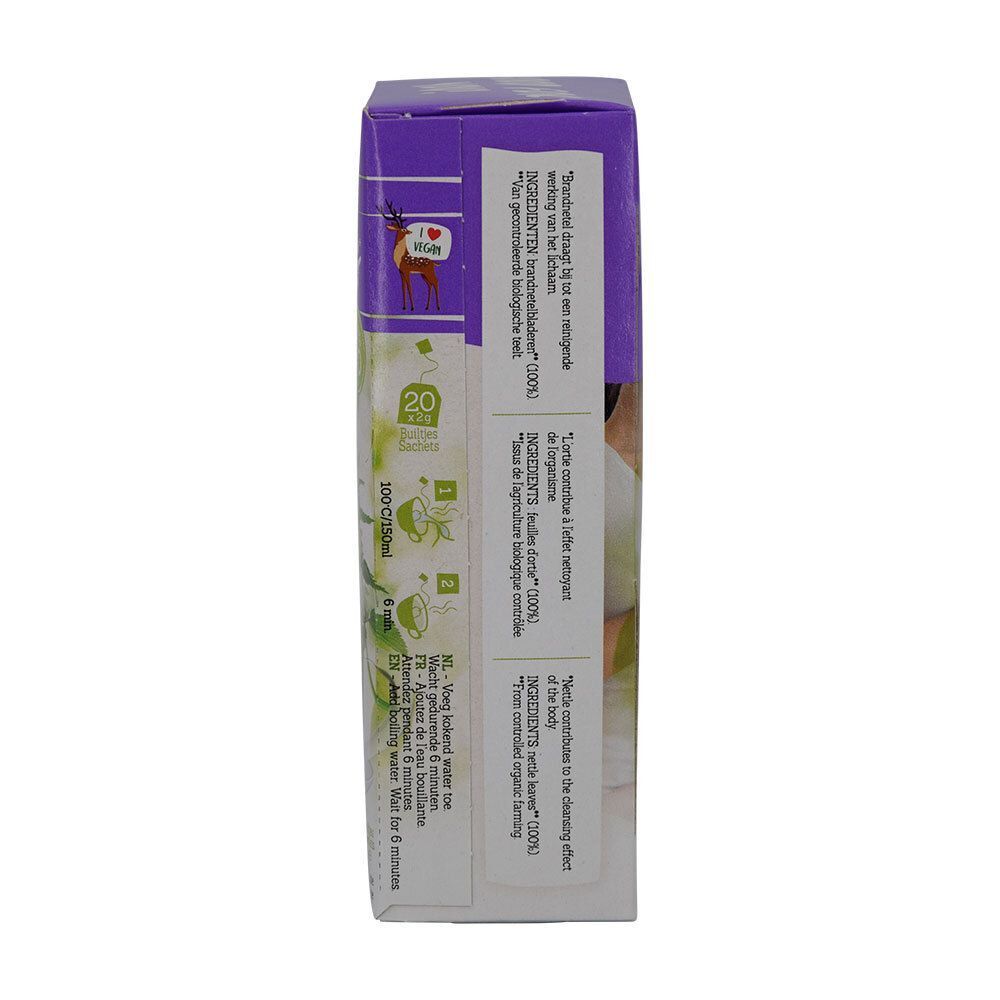 Vue latérale de l'emballage du thé Damhert Wellbeing Detox. Contient des informations sur les ingrédients et la préparation.