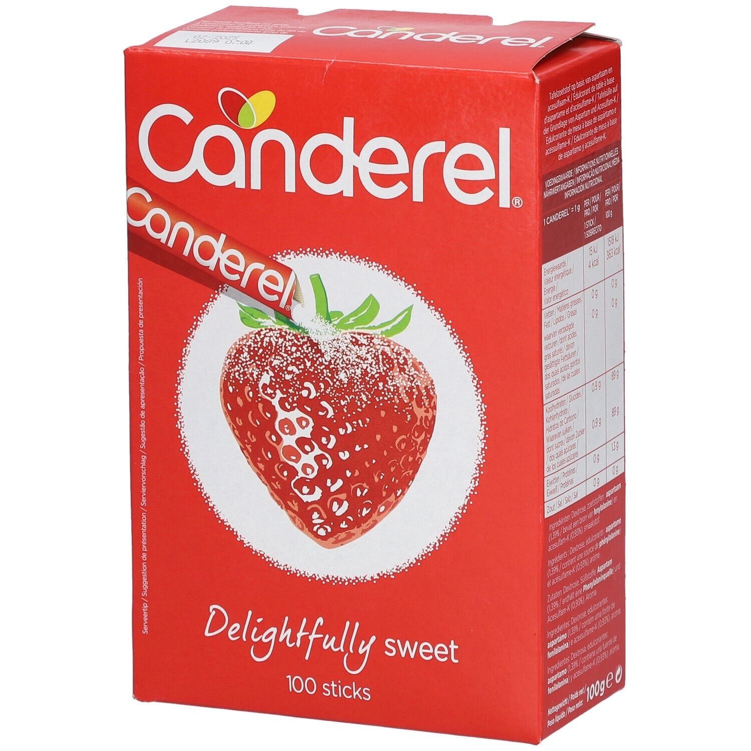 Boîte rouge Canderel avec logo et illustration de fraise. Inscription : Delightfully sweet, 100 sticks.