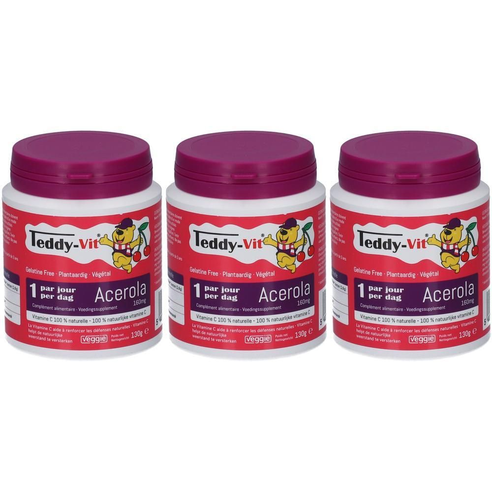Trois pots Teddy-Vit Acerola avec couvercles violets.