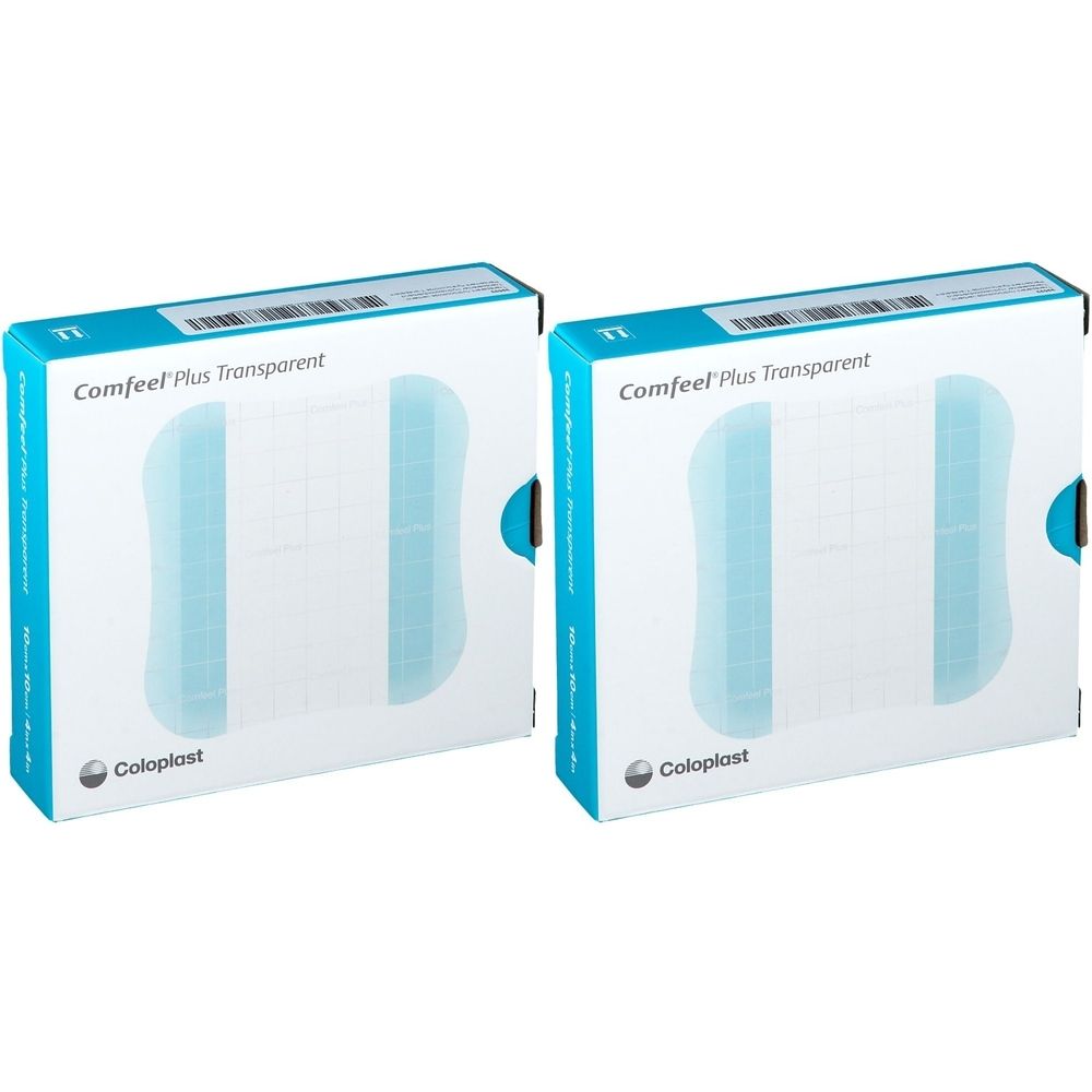 Deux boîtes de pansements hydrocolloïdes transparents. Inscription: Comfeel Plus Transparent. Marque: Coloplast.