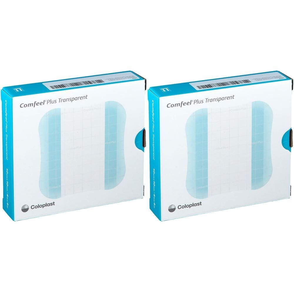 Deux boîtes de pansements hydrocolloïdes transparents. Inscription: Comfeel Plus Transparent. Marque: Coloplast.