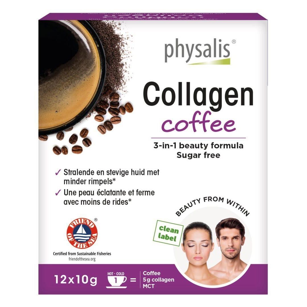 Boîte de Physalis Collagen Coffee. Contient 12 sachets de 10g. Logo, nom du produit et informations sur la composition.