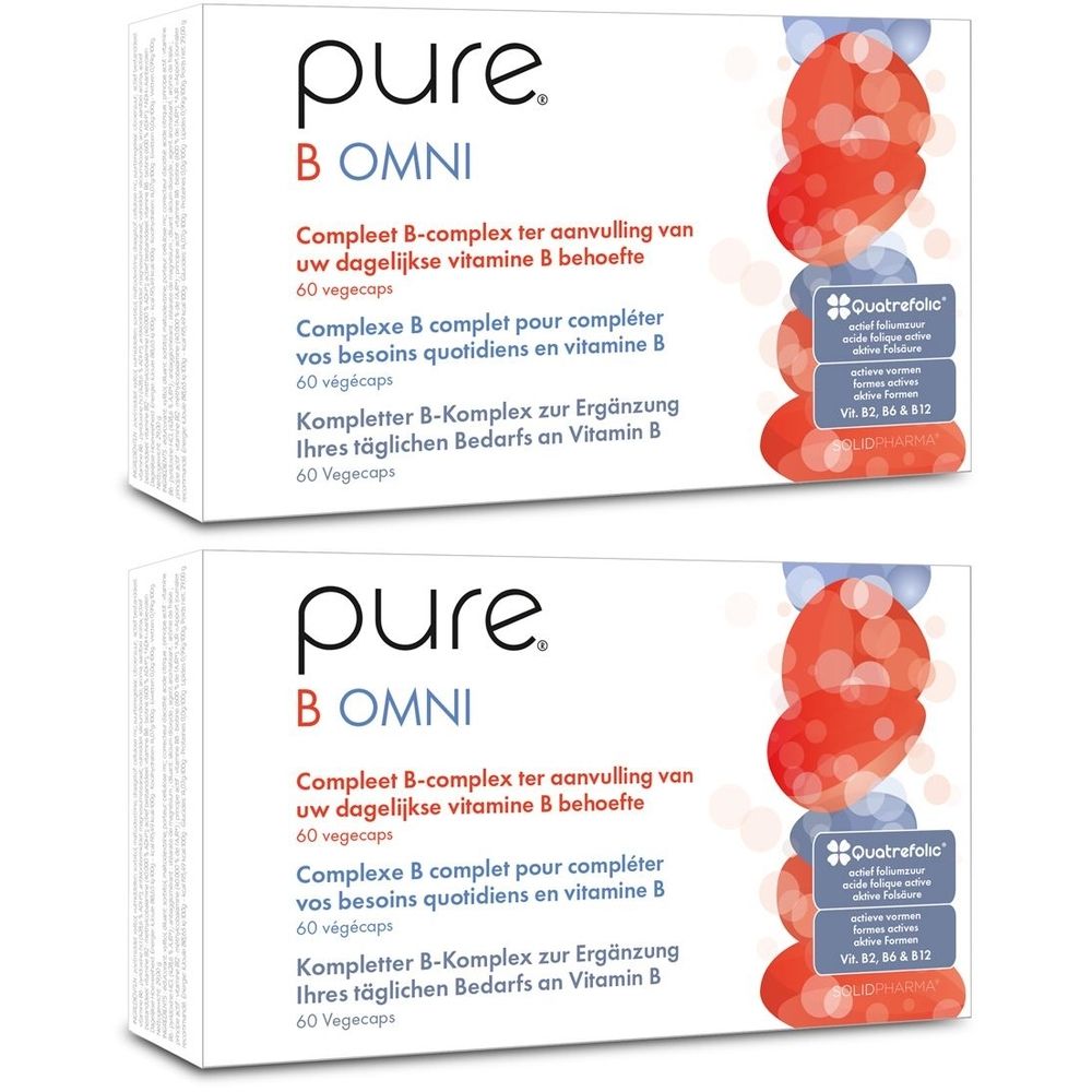 Deux boîtes Pure B Omni. Boîtes blanches avec graphiques rouges et bleus. Texte : Complexe B complet.